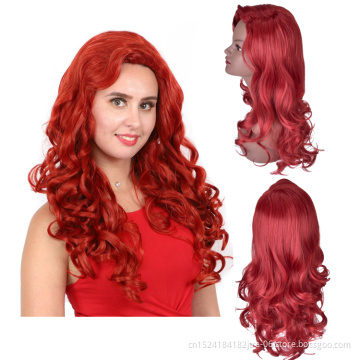 factory wholesale price 28 inch long wavy copper red synthetic wig in stock